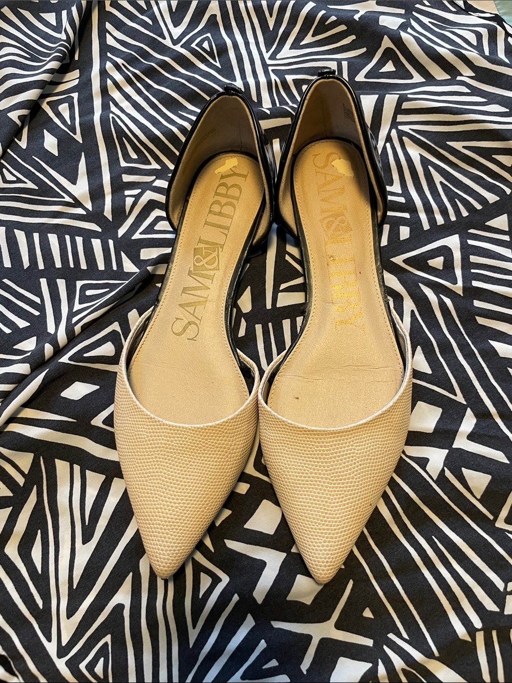 Sam & Libby Beige Pointed-Toe D'Orsay Flats with Black Heel